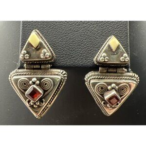 Vintage Sterling Silver and Garnet Geometric Southwestern Tribal Earrings